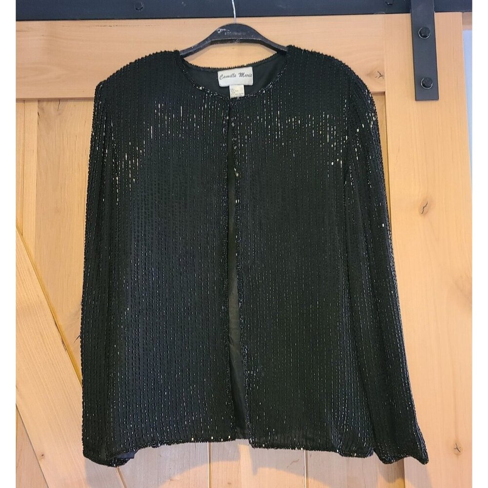 Camille Marie Womens XL Black Silk Striped Beaded Long Sleeve Jacket Fairy Goth